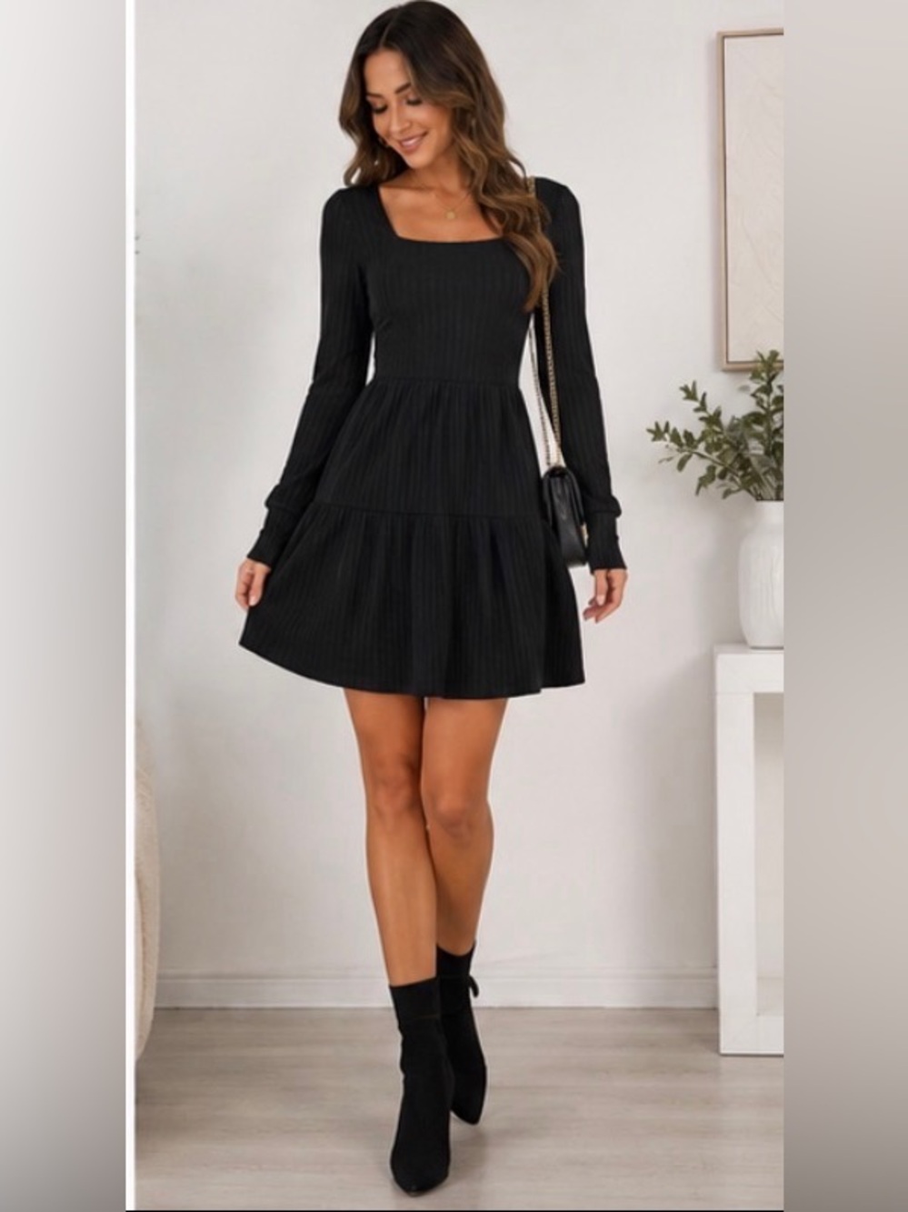 Sampeel Black Ribbed Square Neck Tiered Long Sleeve Dress Size S